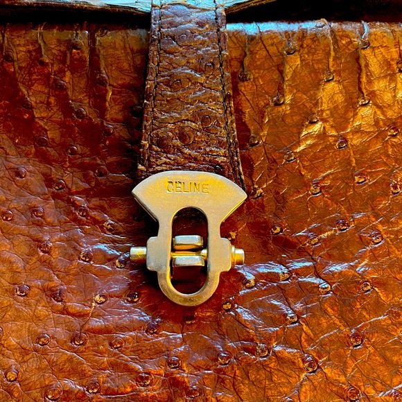 CELINE Ostrich Skin Crossbody Flap Top Purse With Adjustable Strap & Gold Clasp - Picture 4 of 8